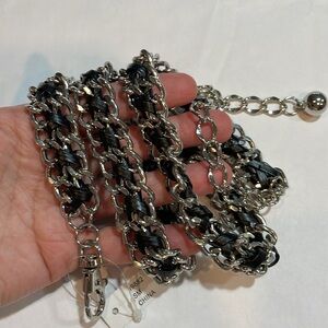 Fashion Focus silver metal black faux leather threaded belt adjustable Small NWT